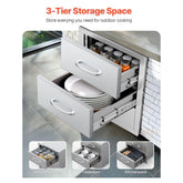 Outdoor Kitchen Drawers, 18.5"W x 22.5"H x 22.5"D Triple Access Drawers, Stainless Steel Flush Mount Cabinets, BBQ Island Drawers Storage with Handle, for Outdoor Kitchens or Patio Grill Station